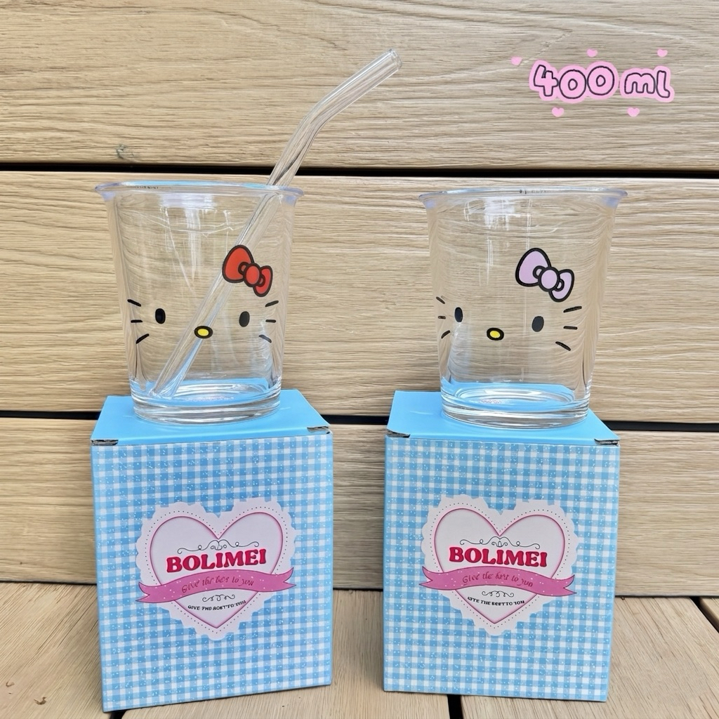 แก้วน้ำ คิตตี้ 400ml วัสดุแก้ว พร้อมหลอด กล่องสวย ส่งจากกรุงเทพ