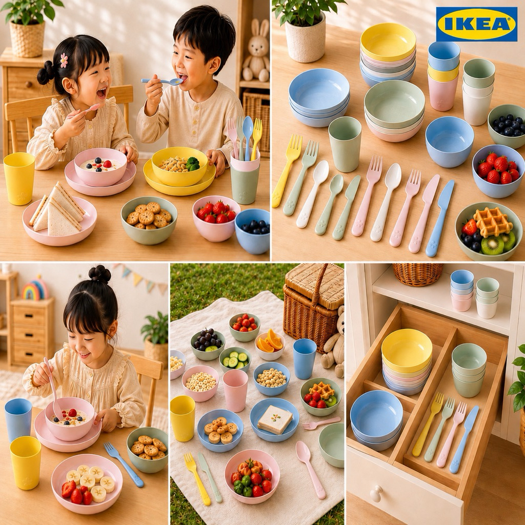 (IKEA ของแท้ 100%) ชุดจาน ชาม แก้ว ช้อน ส้อม KALAS ของเด็ก สีพาสเทล