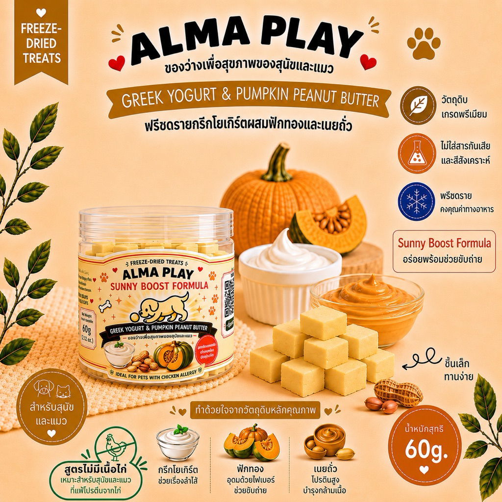 ขนมสุนัขและแมว กรีกโยเกิร์ตและฟักทองเนยถั่วฟรีซดราย ALMA PLAY Pumpkin & Peanut Butter - Sunny Boost Formula ขนาด 60g
