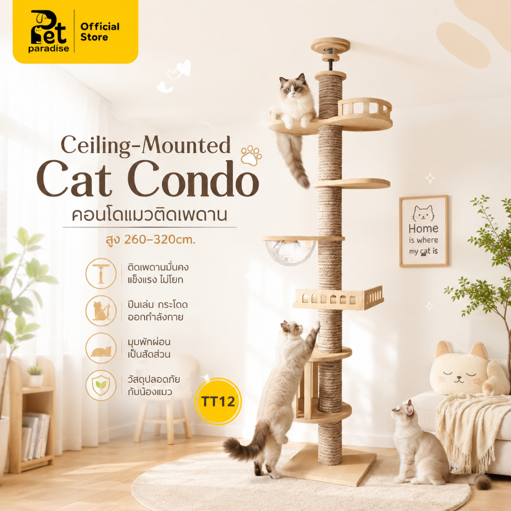 🐱[PetParadise.th]🐶คอนโดแมวติดเพดาน แท่นเสาปีนป่าย เหมาะกับเพดานสูง 260-320cm เพิ่มความสูงได้