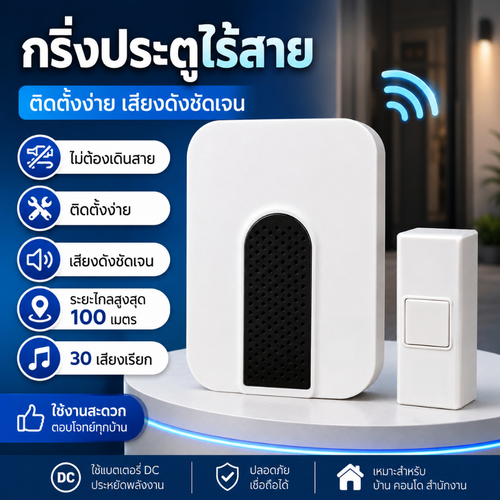 กริ่งประตูไร้สาย ออดบ้านไร้สาย แบตเตอรี่ ระยะ 100 เมตร 30 เสียง ติดตั้งง่าย เทปกาวสองหน้าและตะปูแถมฟรี Doorbel
