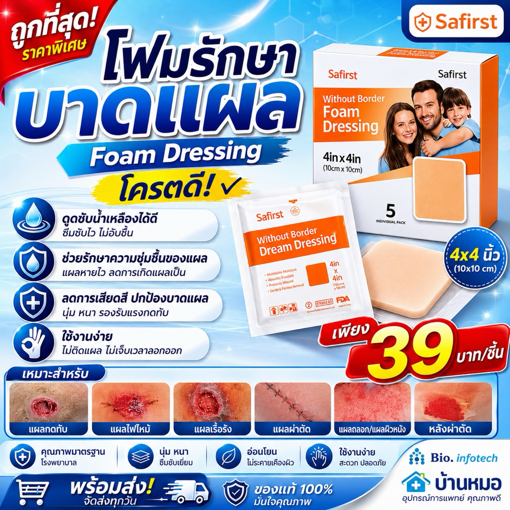 โฟมรักษาบาดแผล แผ่นปิดแผลกดทับ ด้วยกาวซิลิโคนแบบดูดซับไม่มีขอบ  แผ่นกาวไฮโดรสําหรับปลอดเชื้อ รักษาแผลAllevyn Classic