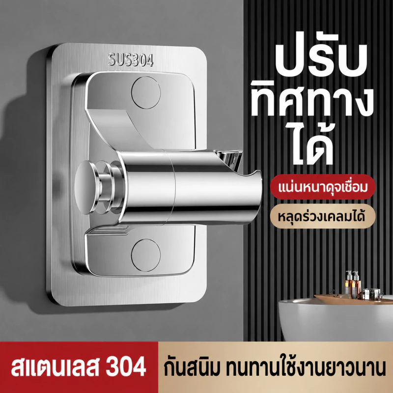ขายึดฝักบัวอาบน้ำ ไม่ต้องเจาะผนัง ที่วางหัวฝักบัวปรับมุมได้ ฐานติดผนังห้องน้ำ สแตนเลส 304 กันน้ำ ติดตั้งง่าย
