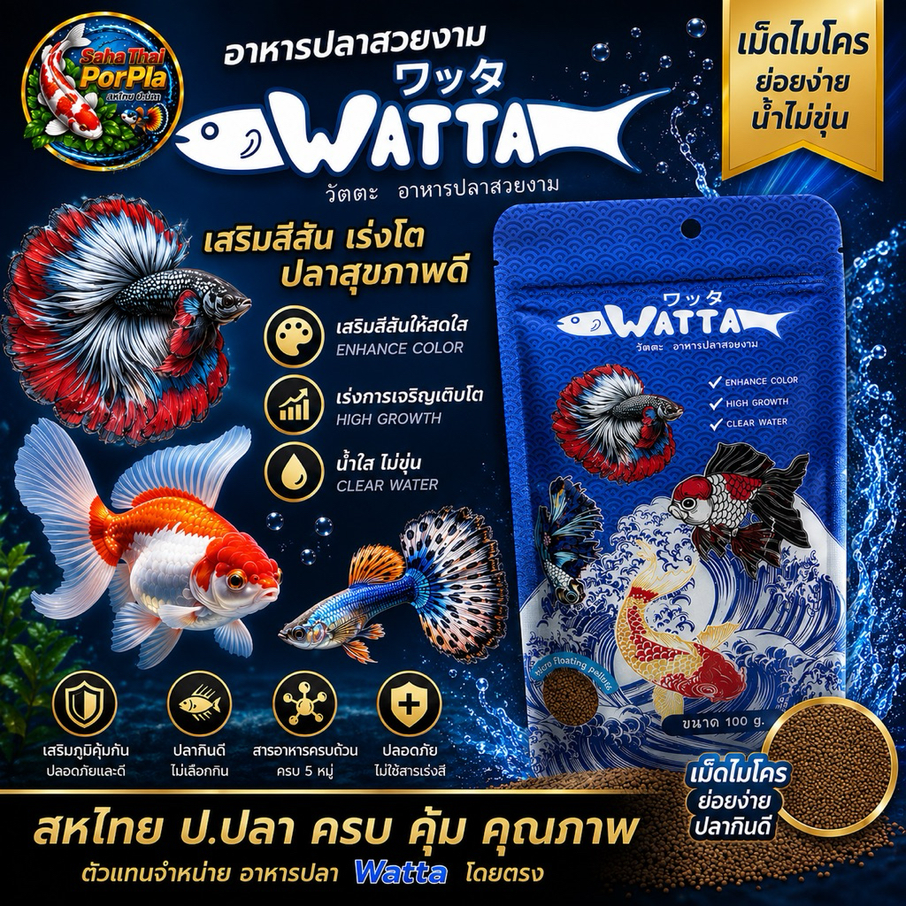 อาหารปลาวัตตะ watta อาหารปลาสวยงามเม็ด micro เร่งสี เร่โต น้ำใส เหมาะสำหรับเลี้ยงปลากัด ปลาบอลลูน ปลาหางนกยูง ปลาทอง