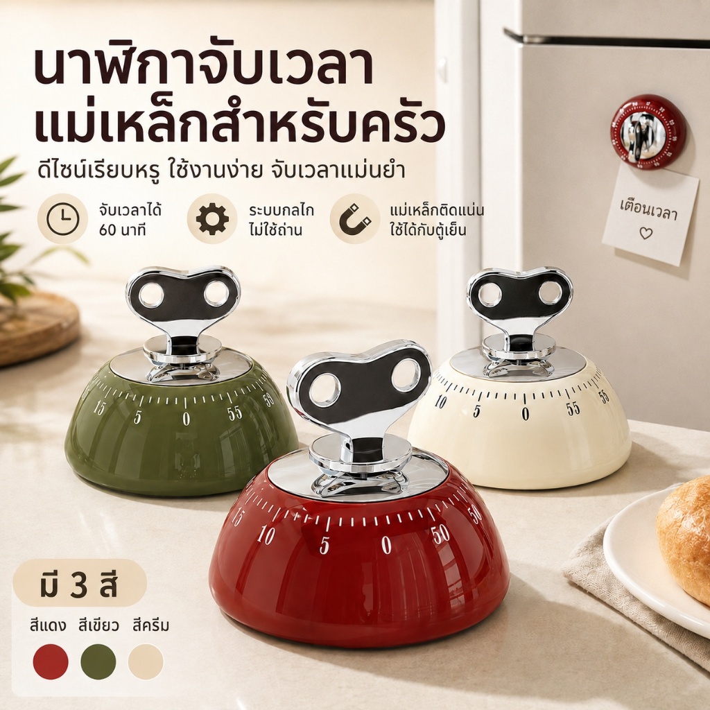 นาฬิกาจับเวลาในครัว 60 นาที แบบกลไก แม่เหล็กติดตู้เย็น ไม่ใช้ถ่าน ตั้งเวลาอาหาร อบขนม