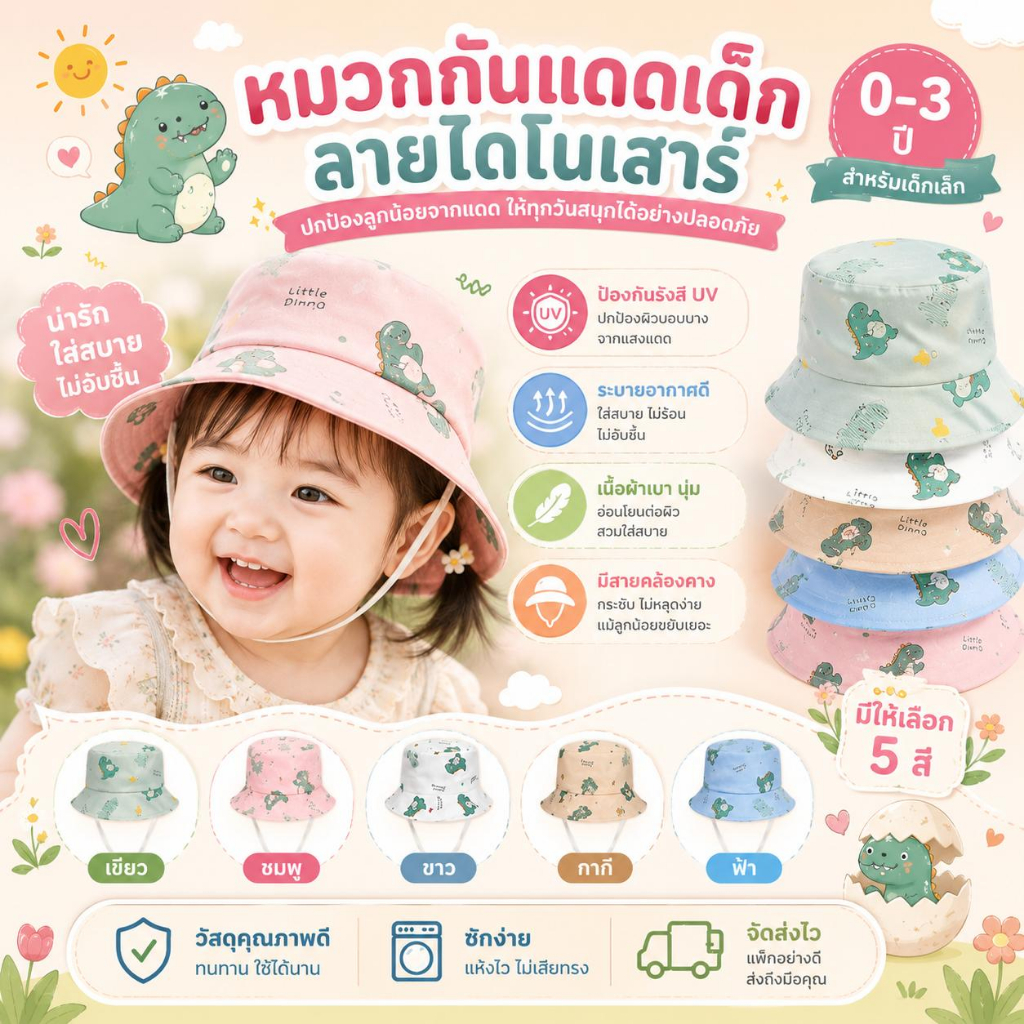 หมวกกันแดดสำหรับเด็ก ลายไดโนเสาร์ ระบายอากาศได้ดีและป้องกันรังสียูวี สำหรับเด็กอายุ 0-3 ปี จัดส่งฟรี