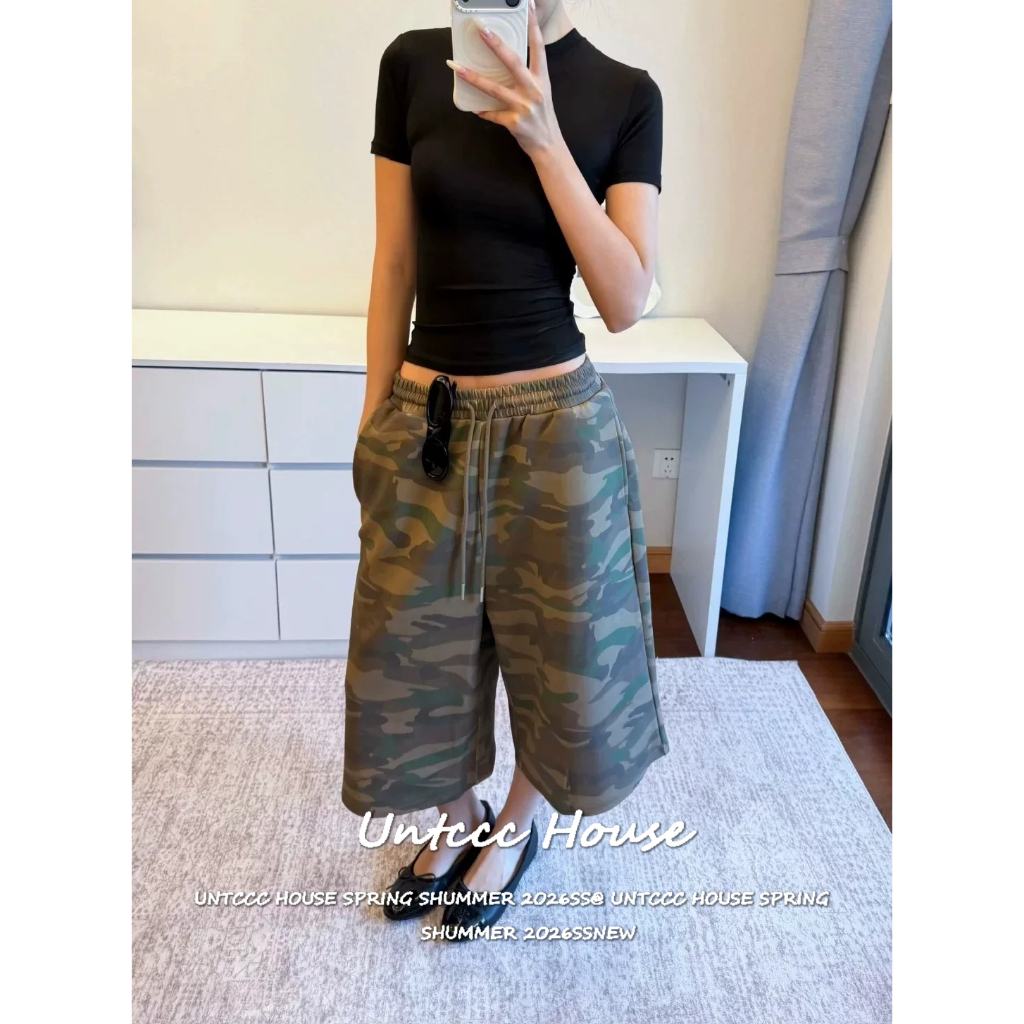 [Vintage Camo Cropped Sweat Culottes]กางเกงครอปผ้าสเวตสไตล์แฟชั่นลายพรางยอดนิยม ทรงกว้างทำให้ต้นขาดูผอมเรียวขึ้น