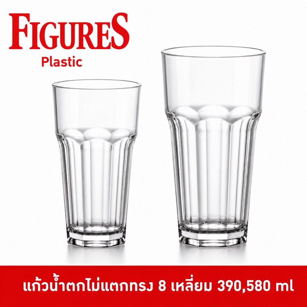 Figure [1ชิ้น] แก้วพลาสติกใสปาไม่แตกโพลีคาร์บอเนตทรง 8 เหลี่ยม 390,580 ml. เข้าเครื่องล้างจานได้ สีใส ดำใส