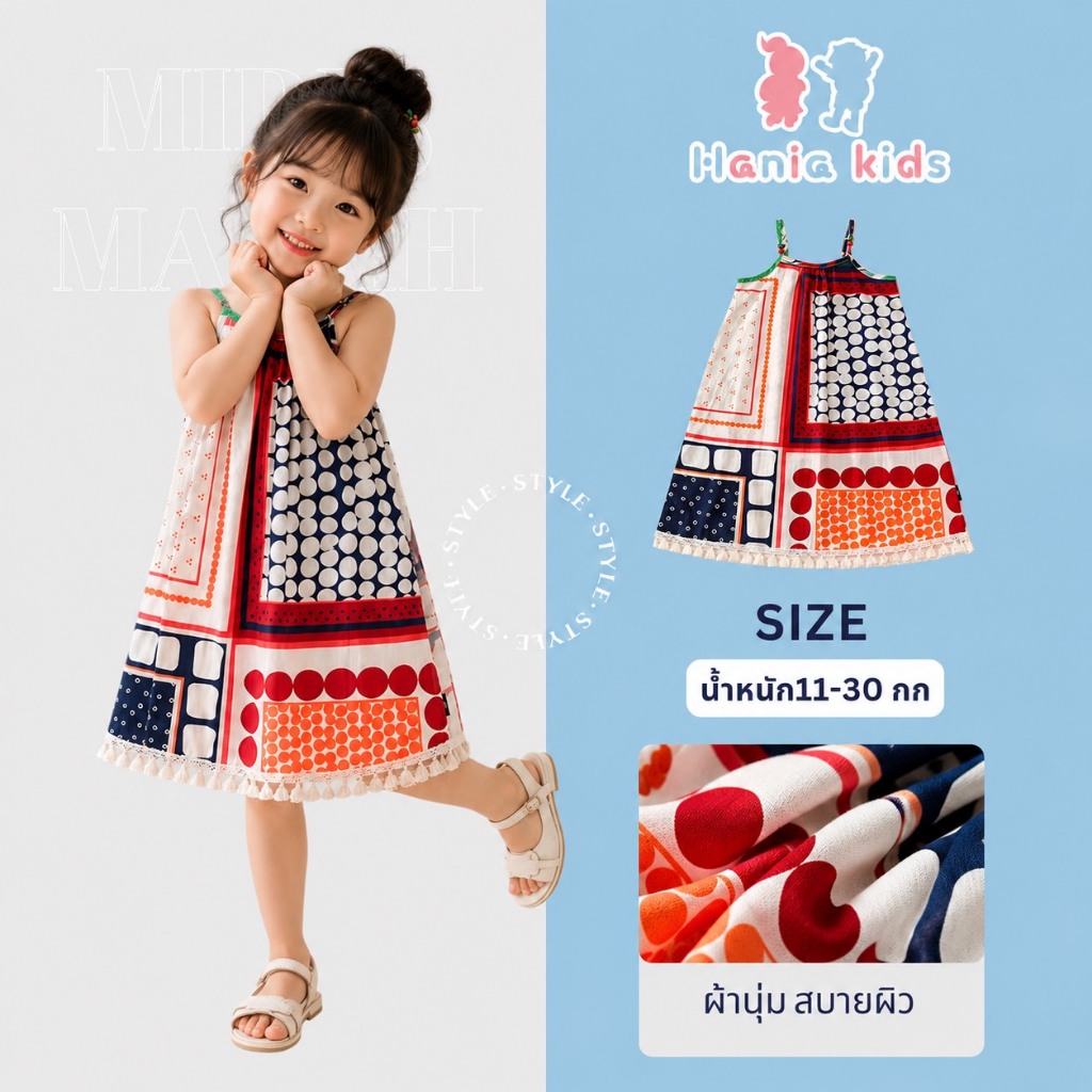 Hania kids พร้อมส่ง เดรสสายเดี่ยวลายจุด เหมาะสำหรับทุกโอกาส สไตล์โบฮีเมียน - K5125712
