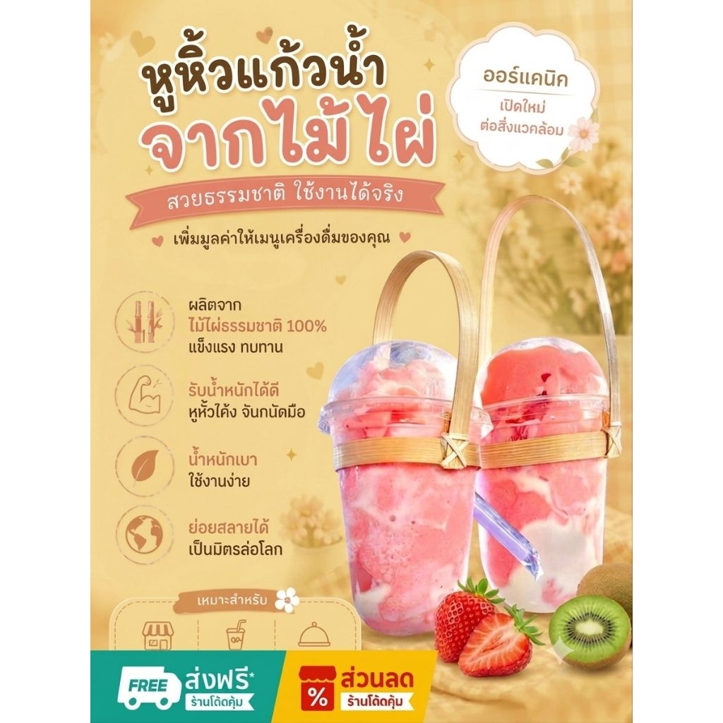 🌿หิ้วหิ้วแก้วกาแฟไม้ไผ่ 200 ชิ้น | หูหิ้วแก้วพลาสติก | ใส่แก้วเย็น ชานม กาแฟ | ราคาส่งแก้วปาก95 98 90