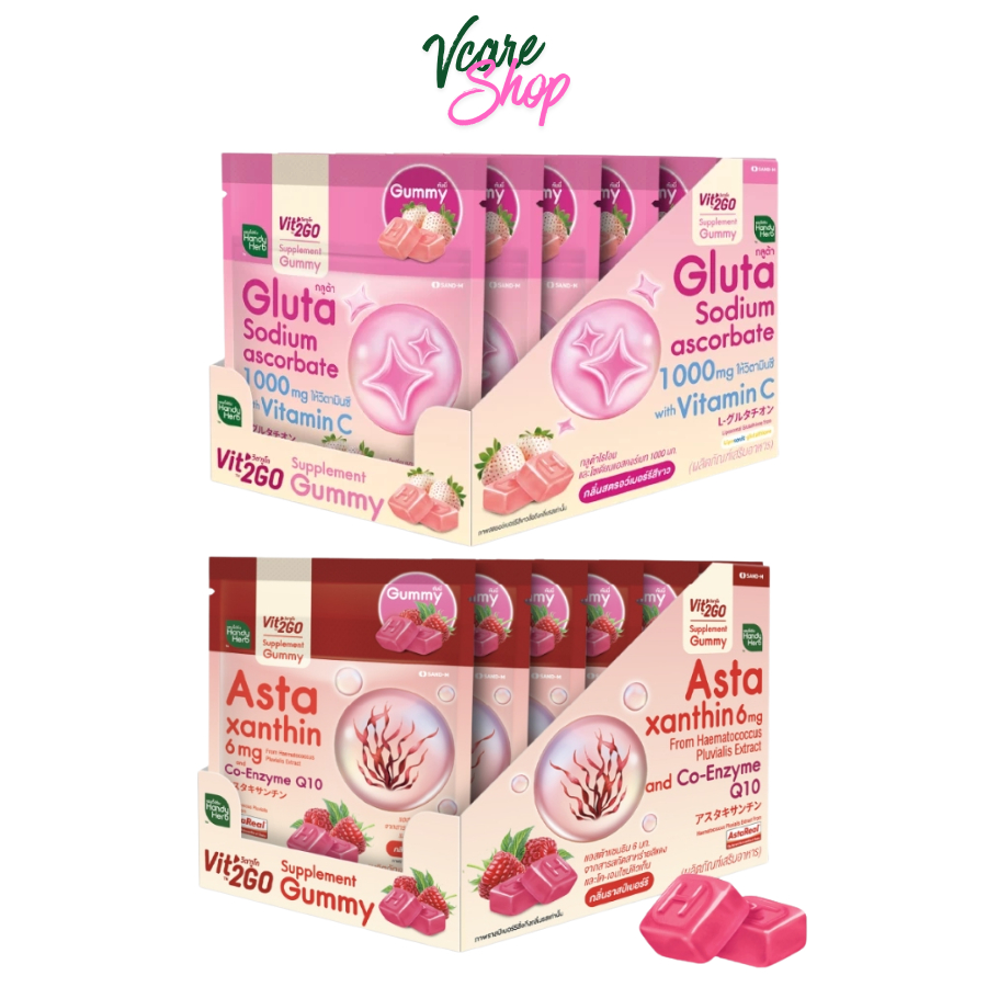 Handy Herb Vit2Go Gummy Astaxanthin 6 mg กลิ่นราสเบอรี่ / Gluta sodium Ascorbate กลิ่นสตรอว์เบอร์รี่สีขาว(ยกกล่อง 6 ซอง)