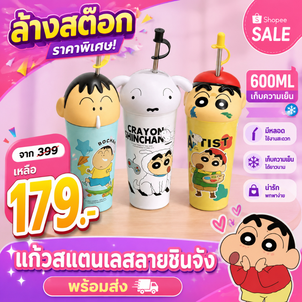 แก้วสแตนเลสลายชินจัง 600ML แก้วเก็บความเย็น พร้อมหลอด แก้วน้ำการ์ตูน เหมะเป็นของขวัญ ไม่มีไอน้ำ