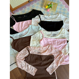 LindaaPlus--𝑳𝒖𝒏𝒂 𝒔𝒆𝒕 ⋆˚ʚɞ เสื้อแขนยาวผ้าลูกไม้+ สายเดี่ยวปาดไหล่แต่งกระดุม งาน 2 ชิ้น แยกชิ้นได้ แต่งเลเยอร์สลับคู่สี