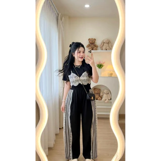 ชุดเซตเสื้อแต่งลูกไม้+กางเกงแต่งแถบ 🐰🌸อก34-46 เอว30-40 สพ50