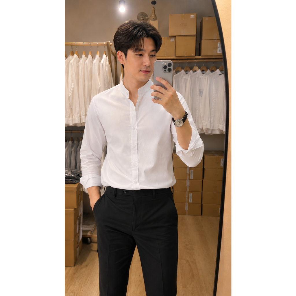 FOMO-เสื้อเชิ้ตคอจีนสีพื้น แขนยาว เสื้อคอจีน เสื้อเชิ้ตแขนยาว เสื้อใส่ทำงาน เสื้อผ้าผู้ชาย