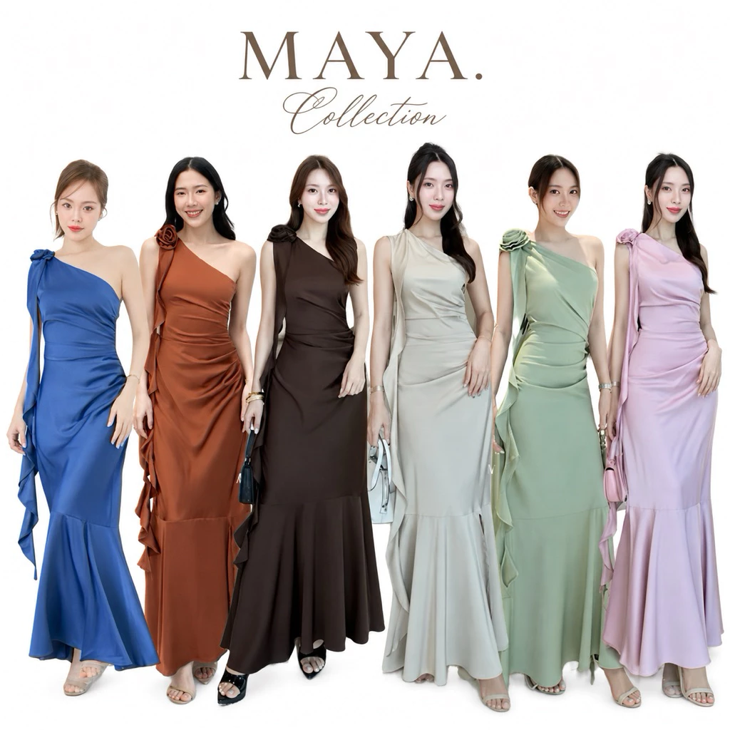 ชุดเพื่อนเจ้าสาว เดรสเบี่ยงข้างออกงานแต่งดอกไม้ MAYA G124ชายพริ้วๆๆสวยๆ