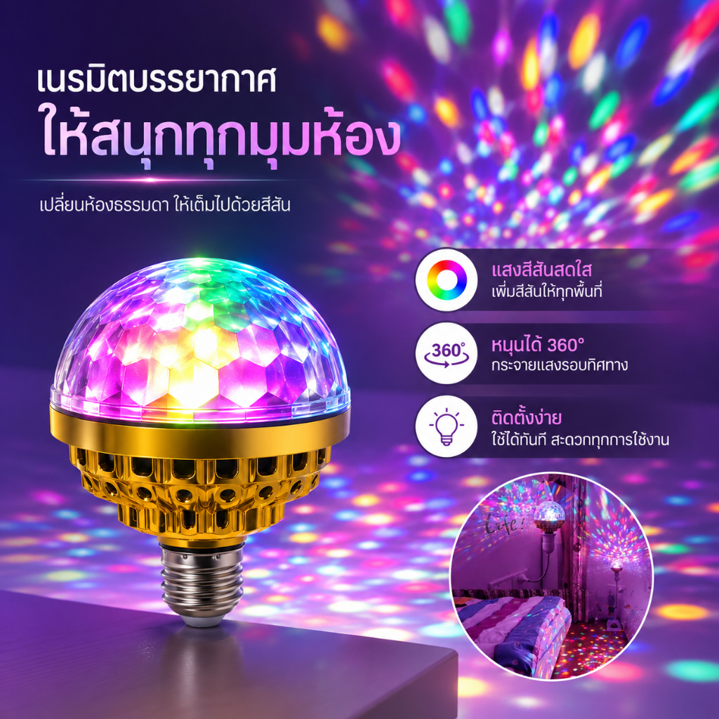 หลอดไฟดิสโก้ LED E27 RGB 7 สี ไฟปาร์ตี้ หมุนอัตโนมัติ KTV บาร์ คริสต์มาส