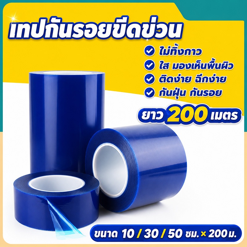 เทปกันรอย PE กันขีดข่วน สีฟ้า กว้าง10/30/50cm 200ม. ติดง่าย ฉีกง่าย กันฝุ่น