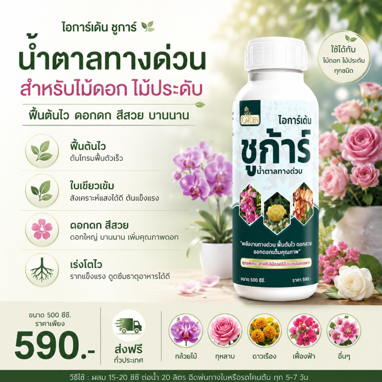 น้ำตาลทางด่วนกุุหลาบ น้ำตาลทางด่วนสำหรับไม้ดอกไม้ประดับ ไอการ์เด้น ชูก้าร์ 1 ขวด ขนาด500ซีซี