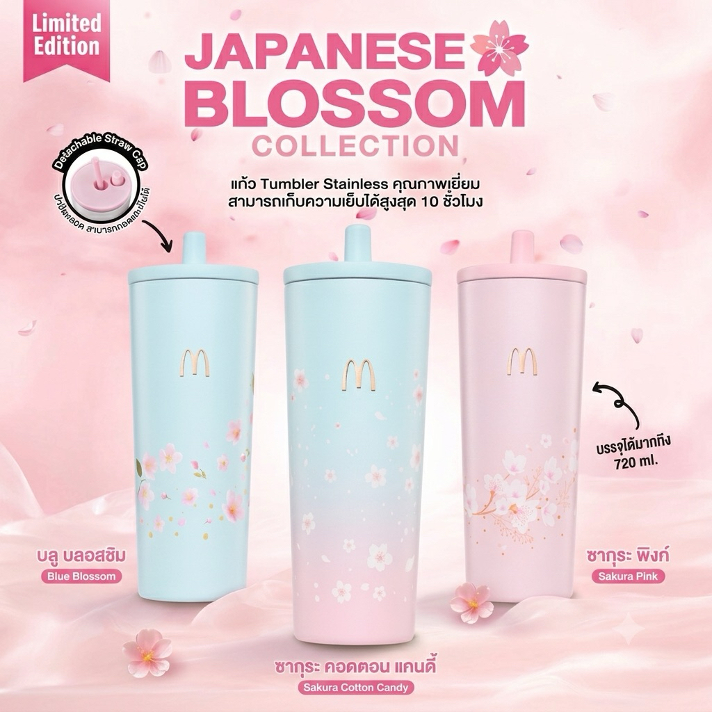 (ทักลด50%) แท้100% ส่งด่วนกทม. 🩷แก้ว Japanese Blossom จาก mcdonald 2026 มี3 สีให้สะสม