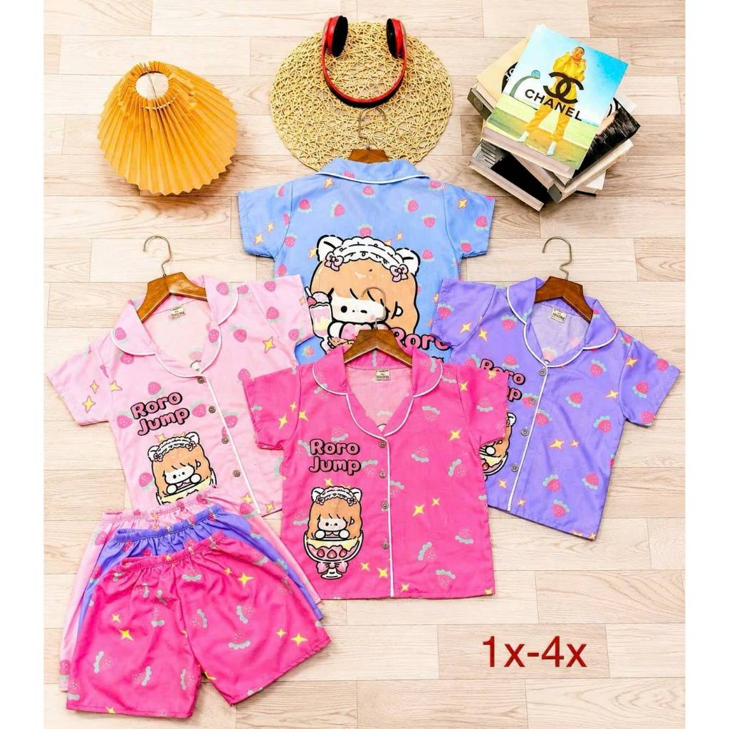 ชุดนอนเด็ก 3-4 ปี เสื้อคอปก กระดุมหน้า แขนขาสั้น ผ้าไหมอิตาลี SLE0022
