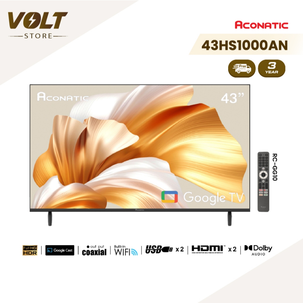 Aconatic ทีวี 43 นิ้ว FHD Google TV รุ่น 43HS1000AN Netflix,Youtube,Frameless Design, Dolby Audio
