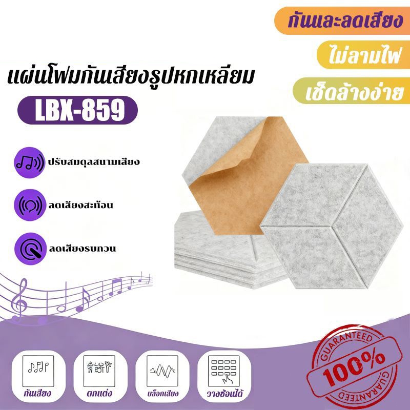 (12 แผ่น/แพ็ค) แผ่นดูดซับเสียง  หกเหลี่ยม 30×300.9 ซม. กันร้อน กันไฟ กันน้ำ พร้อมกาว