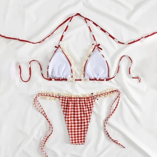 ชุดว่ายน้ำbikini 2ชิ้น บิกินี่ใหม่2026 ลายจุดโบว์แดงแต่งระบายลูกไม้ สไตล์เกาหลี Y2K น่ารักเซ็กซี่ขยี้ใจ#1203