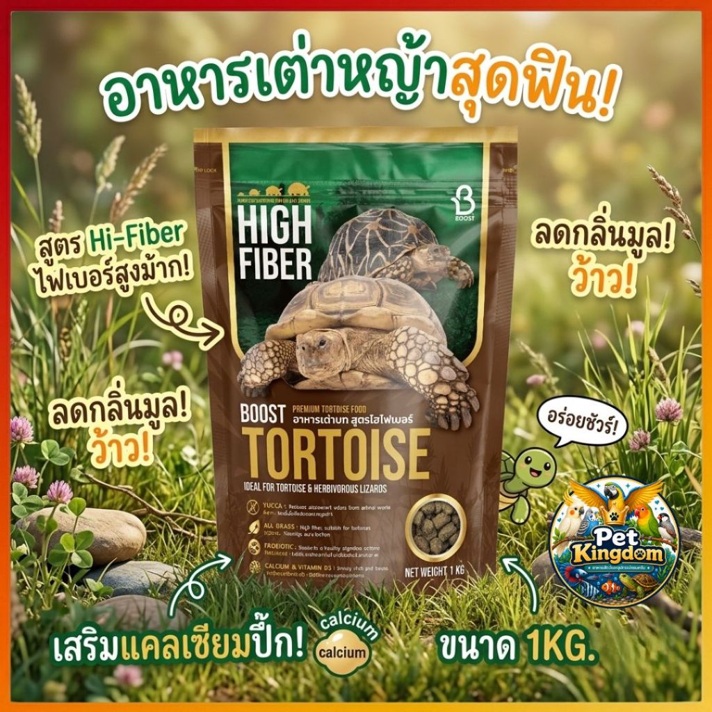บูสท์ อาหารเต่าบกสูตร Hi-Fiber ไฟเบอร์สูง ลดกลิ่นมูล เสริมแคลเซียม ขนาด 1 KG. Boost TORTOISE