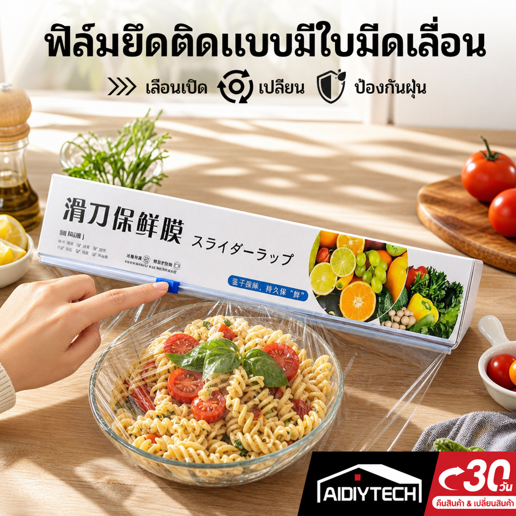 ฟิล์มยืดถนอมอาหารแบบมีใบมีดสไลด์ กล่องตัดฟิล์มถนอมอาหาร ที่แรปอาหาร ยืดหยุ่นสูง เกรดอาหารเข้าไมโครเวฟได้ [ส่งด่วน]