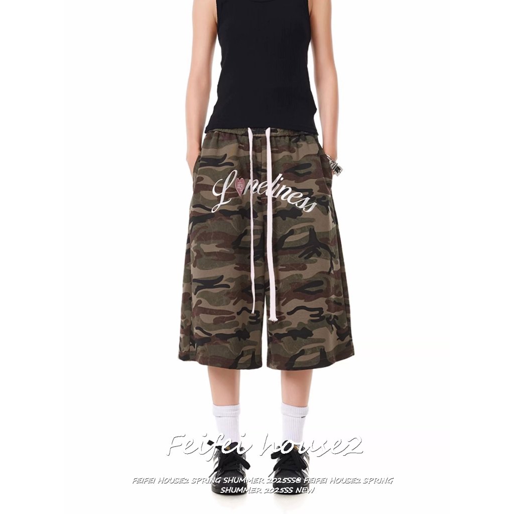 [Feifei-Hip-hop printed capri pants]กางเกงคาปรีกีฬาฤดูร้อนสไตล์ลำลองฮิปฮอปพิมพ์ลายเชือกดึงเอว