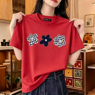 ผู้หญิง เสื้อยืด oversize เสื้อหวานๆ โคตรนุ่ม ไม่ยับง่าย ‘Three flowers’ สินค้าใหม่ ﻿6.26