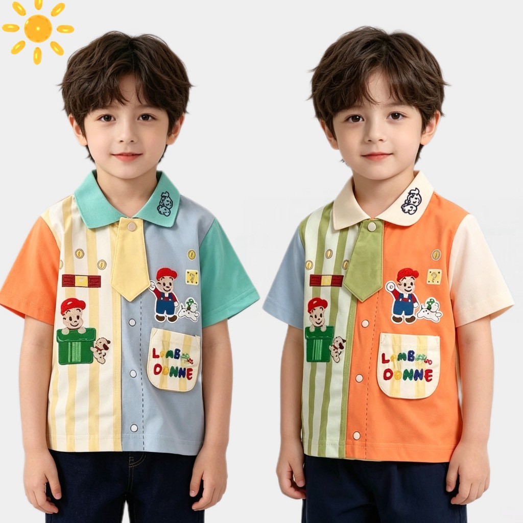 BB348 เสื้อเชิ้ตเด็กผู้ชายสไตล์คาวบอยน่ารัก แยกสีหลายเฉด ลายตุ๊กตาการ์ตูน ผ้านุ่มใส่สบายประจำวัน
