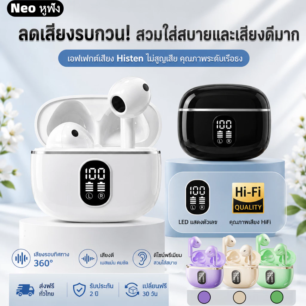 Neo หูฟังบลูทูธไร้สาย Bluetooth 5.4 เสียง Lossless Hi-Res ดีเลย์ต่ำเล่นเกม สัมผัสควบคุม หน้าจอแสดงแบต Type-C รองรับ COD
