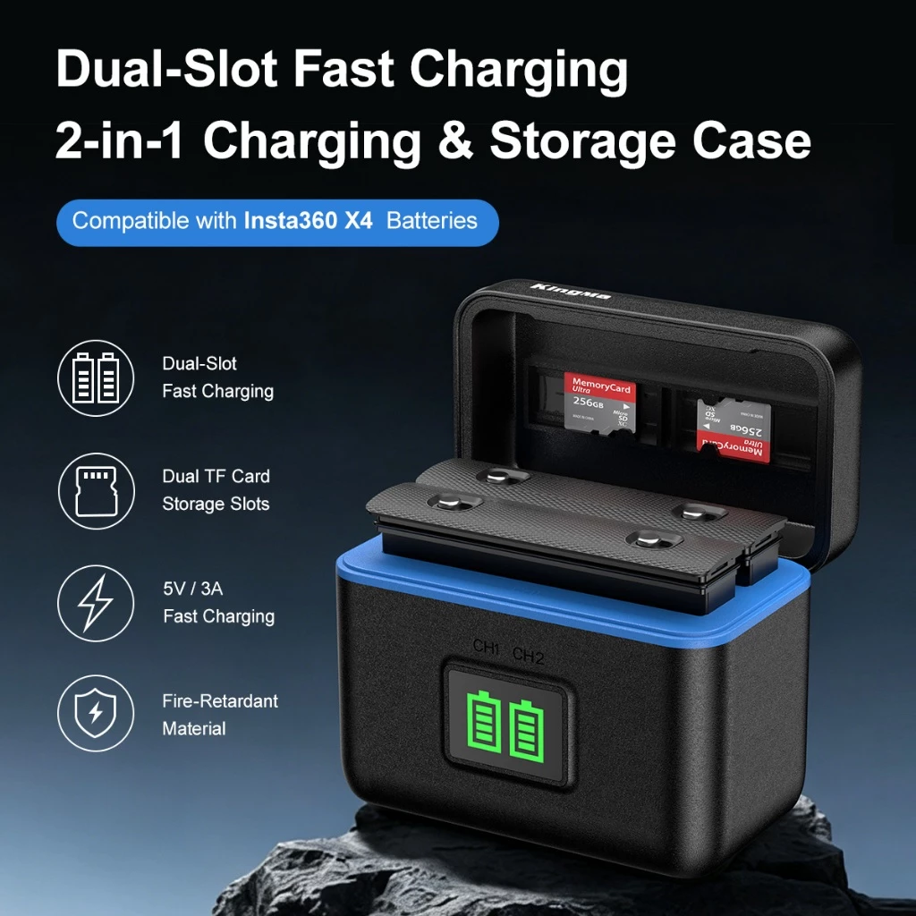 KingMa BM075 เคสชาร์จแบตเตอรี่ Insta360 X4 แบตเตอรี่ 2500mAh Dual Slot USB-C Fast Charging ชาร์จไว thumbnail 9