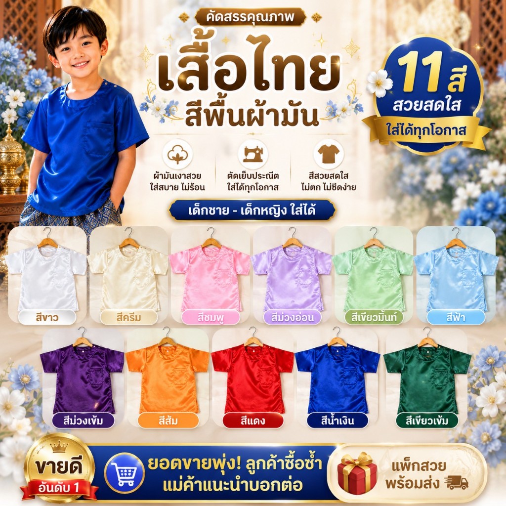 เสื้อผ้ามันเด็กชาย เสื้อไทยเด็กคอกลม มีกระเป๋าหน้า เสื้อไทยเด็ก