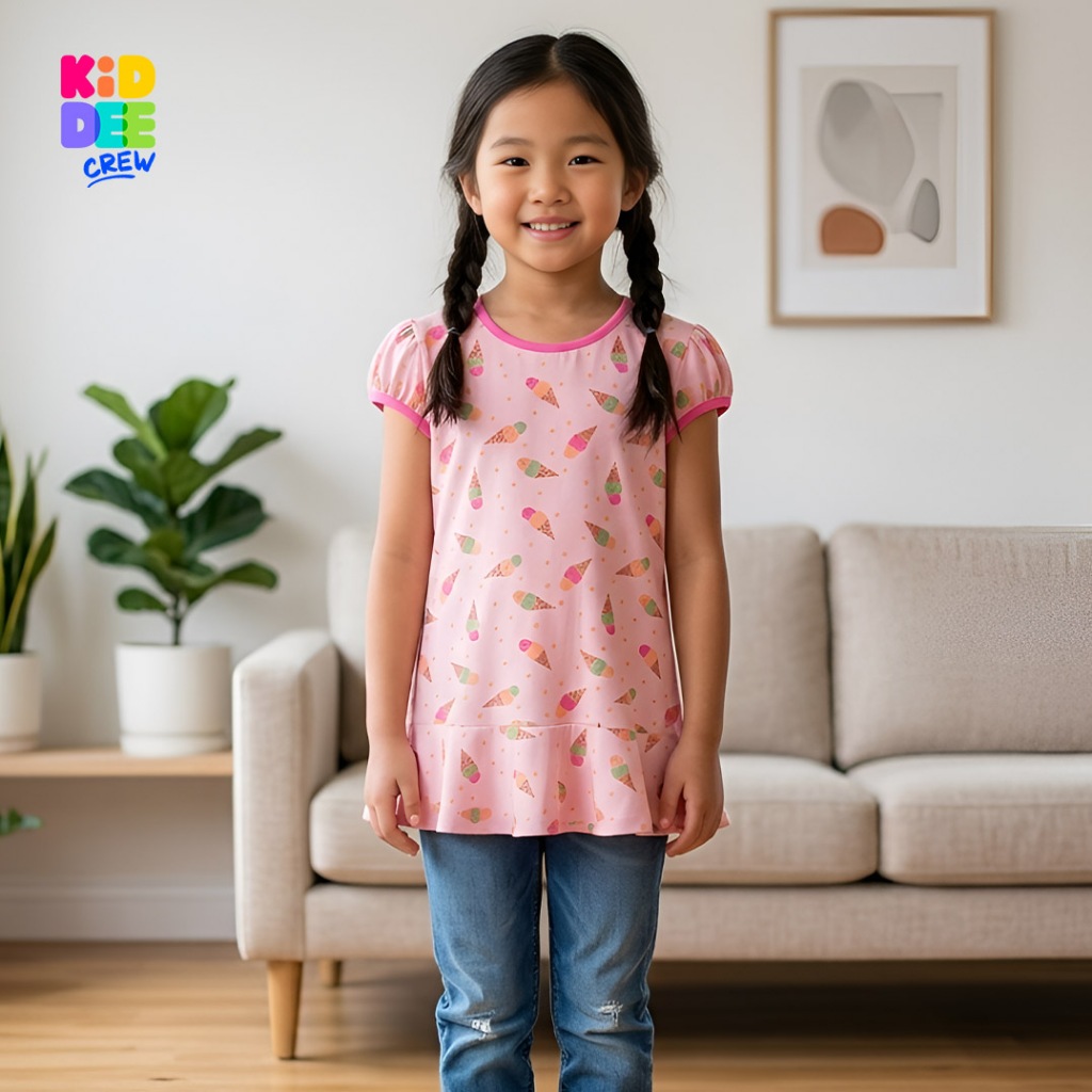 KiddeeCrew เสื้อเด็ก สีครีมลายไอศครีม แขนตุ๊กตา เหมาะสำหรับอายุ 1-8 ปี