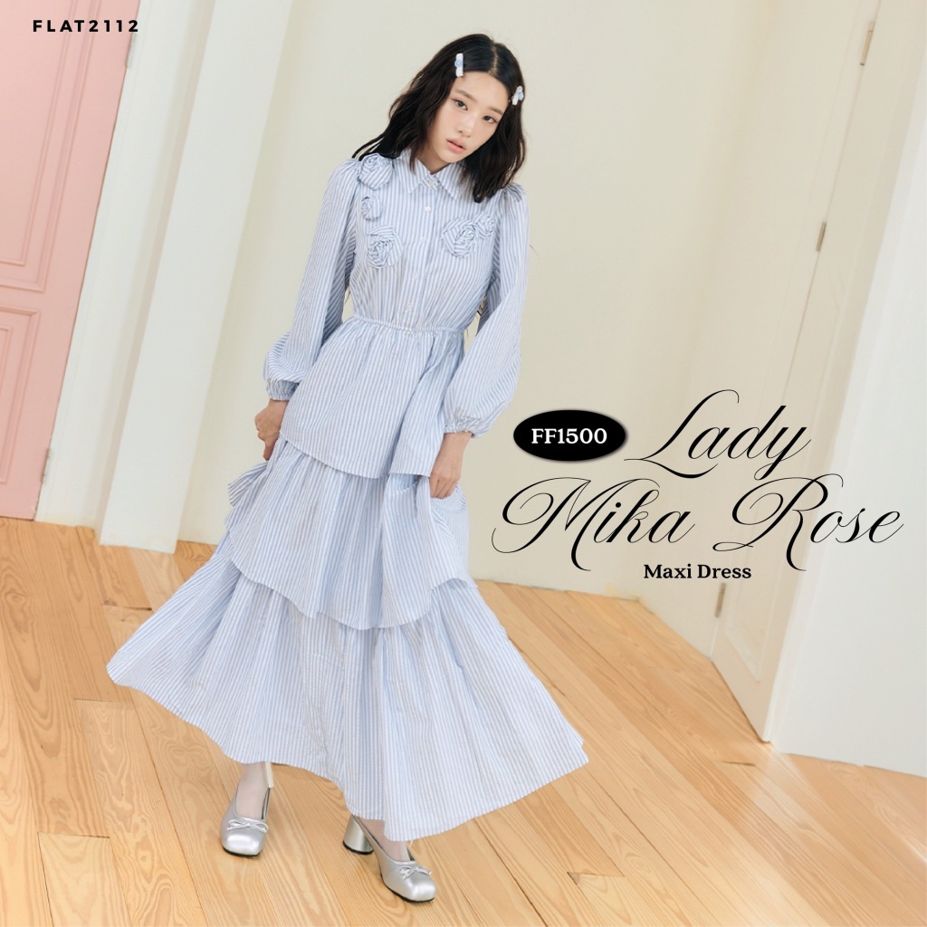 FLAT2112 : LADY MIKA ROSE MAXI DRESS ชุดเดรสยาวสีฟ้าพาสเทลสุดละมุน คอปกเชิ้ตสุภาพ ไตล์ลูกคุณหนู (FF1500)