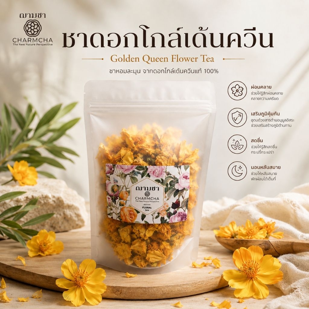 ชาดอกโกล์เด้นควีน (Golden Queen Flower Tea) มีวิตามินซีสูง อาการไอ โกเด้นควีน ราชีนีชาดอกไม้  หอมนวล ชาตัวหอม ฌามชา โกว
