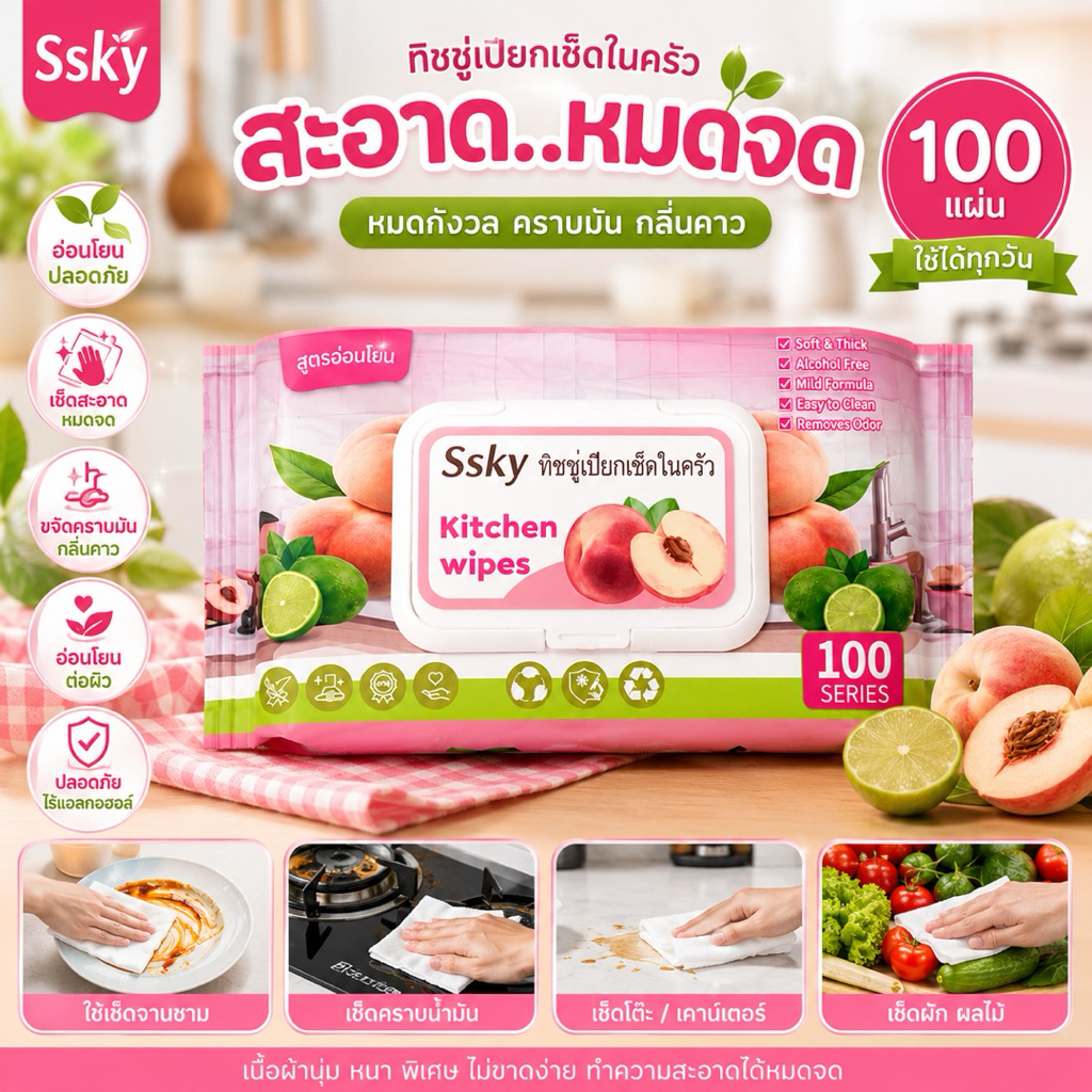Ssky ทิชชู่เปียกเช็ดในครัว 100 แผ่น สูตรอ่อนโยน เช็ดคราบมัน ทำความสะอาดอเนกประสงค์ Kitchen Wipes
