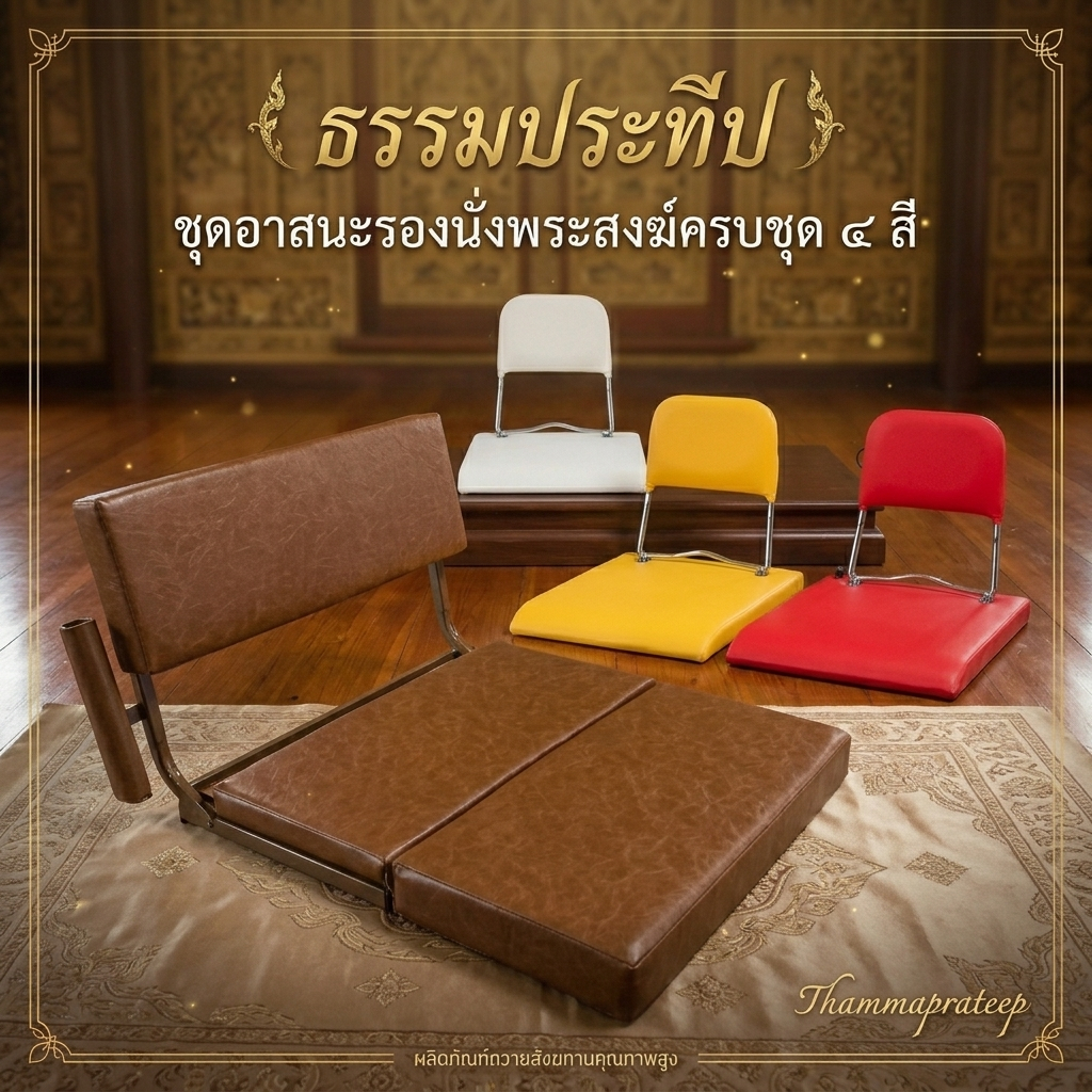 อาสนะพระ อาสนะเหล็ก มีพนักพิงพับเก็บได้ หุ้มเบาะหนัง มีฟองน้ำหนา นุ่มพิเศษ