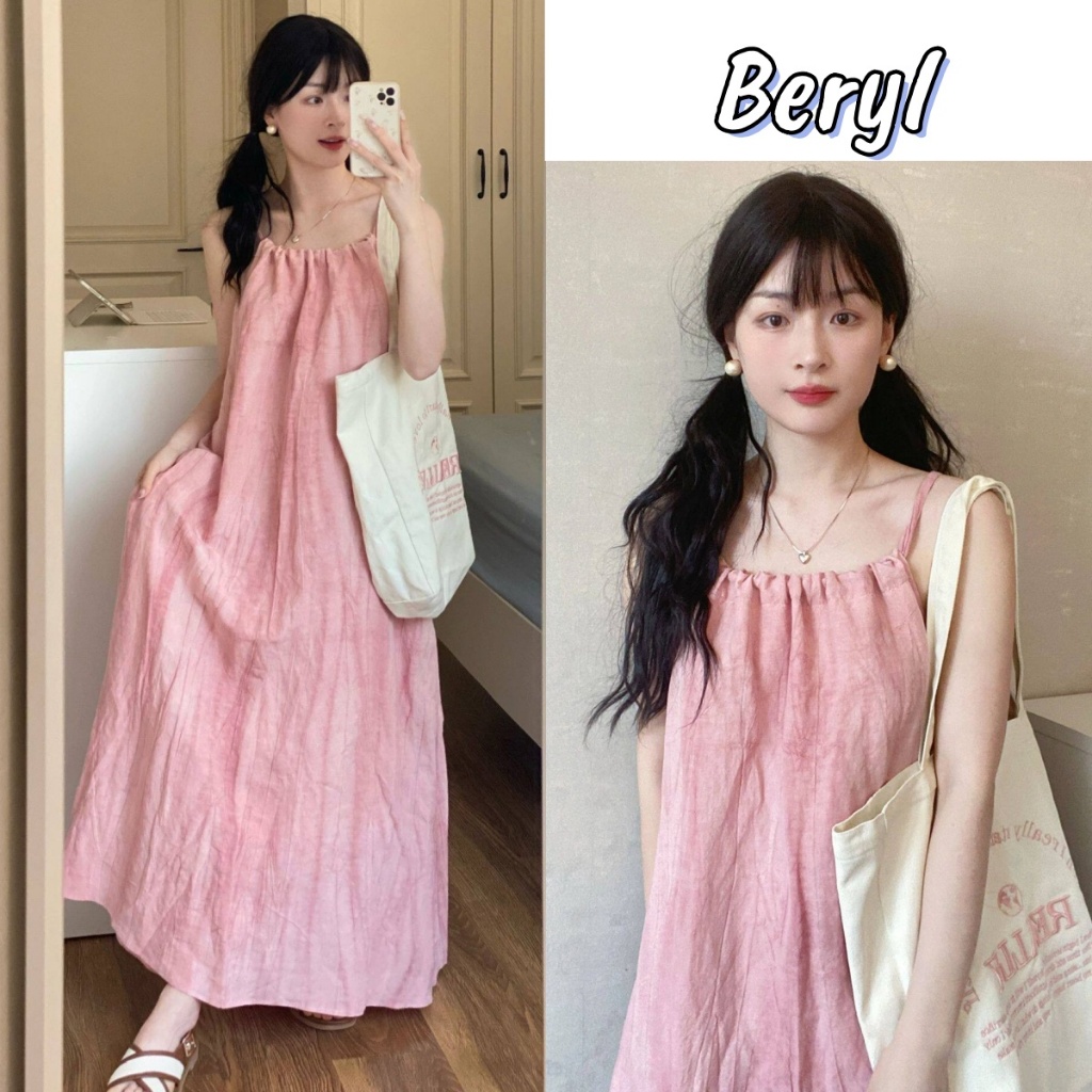 Beryl 🌻ชุดเดรสสายเดี่ยวสีชมพูระบายแบบนุ่มนวลสำหรับผู้หญิงฤดูร้อน
