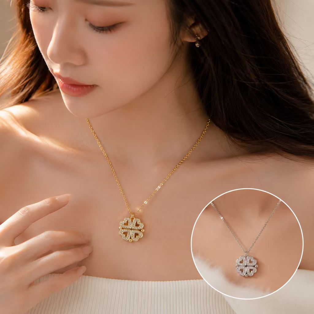 เครื่องประดับแฟชั่น สร้อยคอโคลเวอร์ สี่แฉกจี้หัวใจ สร้อยคอดอกไม้ สี่แฉกเปิดและปิดหัวใจ ของขวัญให้แฟน