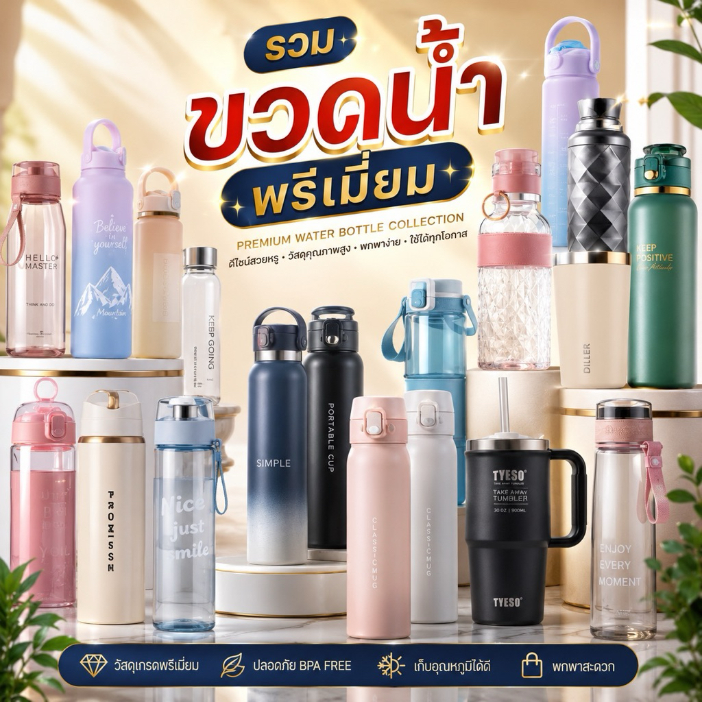 รวมขวดน้ำพรีเมี่ยม ดีไซน์สวย วัสดุคุณภาพ เก็บอุณหภูมิได้ พกพาสะดวก มีหลายขนาด เหมาะใช้ทุกวันและเป็นของขวัญ