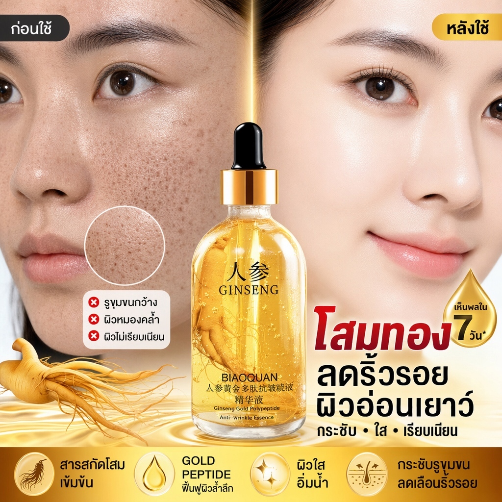 เซรั่มโสมทองบำรุงผิวหน้า อุดมกรดไฮลูโรนิก สกัดรากโสม ผิวใสป้องกันริ้วรอย