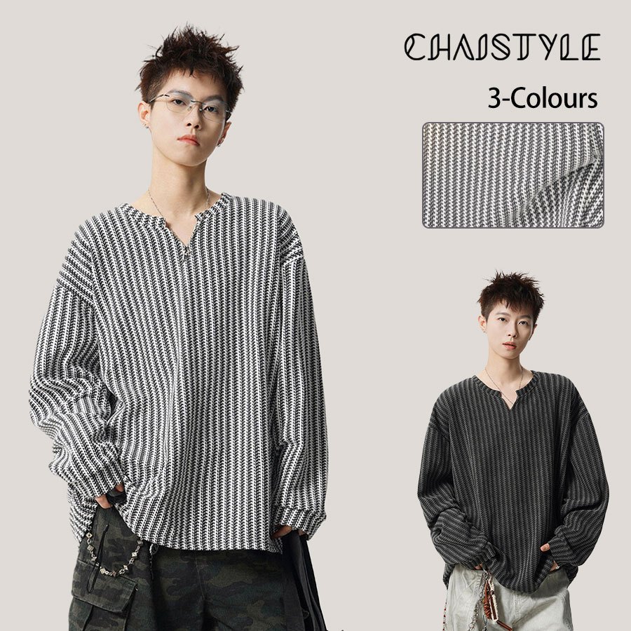 Chaistyle วินเทจสไตล์อเมริกัน แขนยาว ลายเส้นสีตัดกัน เนื้อสัมผัส คอวี เสื้อยืดทรงหลวม รุ่นเดียวกันทั้งชายและหญิง