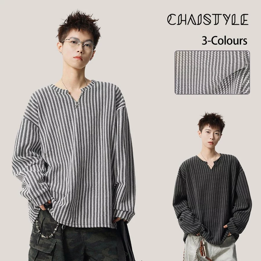 Chaistyle วินเทจสไตล์อเมริกัน แขนยาว ลายเส้นสีตัดกัน เนื้อสัมผัส คอวี เสื้อยืดทรงหลวม รุ่นเดียวกันทั้งชายและหญิง