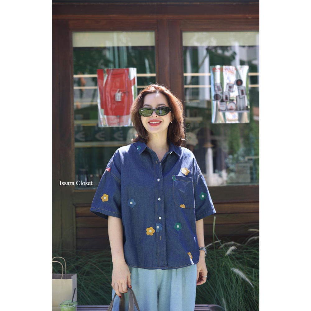 Shirt Jeans (คอปก) #ปัก Flower Color (ดอกใหญ่)