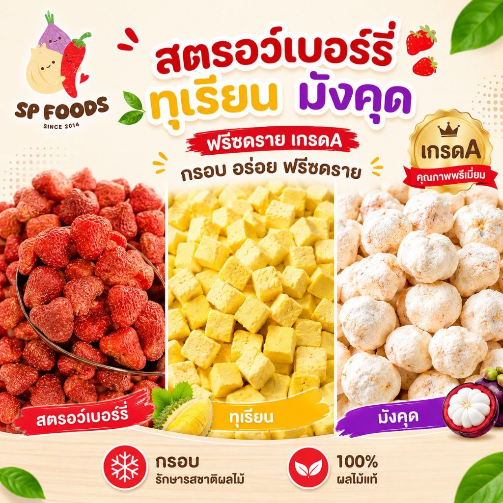 🍓สตรอว์เบอรี่/ทุเรียนฟรีซดราย Premium Fruits freeze dried 🍓 เกรดA กรอบ อร่อย ฟรีซดราย