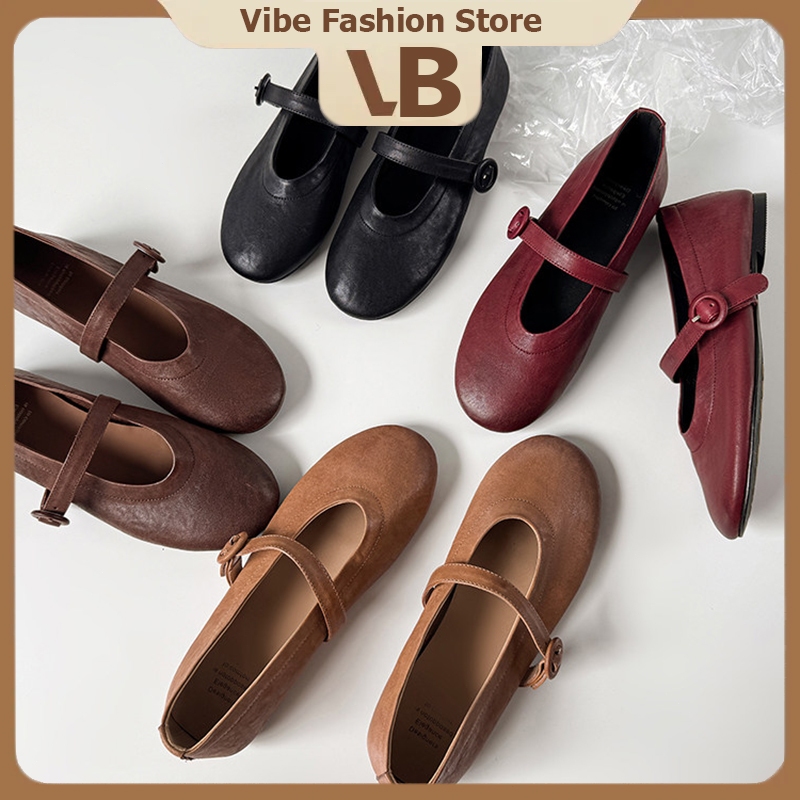 Vibe รองเท้าแมรี่เจนมีสไตล์ รองเท้าหนังผู้หญิง ปากตื้น สีทึบ สไตล์ย้อนยุคฝรั่งเศส